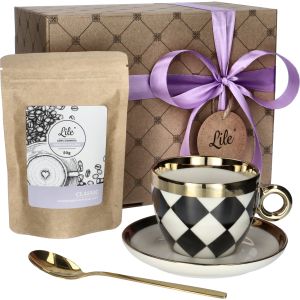 Filiżanka ze spodkiem, łyżeczką i kawą Lile Domino P29982