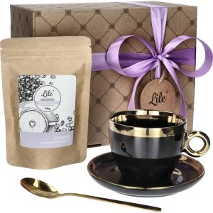 Filiżanka ze spodkiem, łyżeczką i kawą Lile Domino P29983