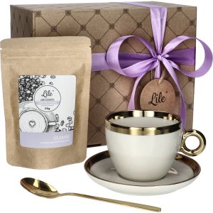 Filiżanka ze spodkiem, łyżeczką i kawą Lile Domino P29984